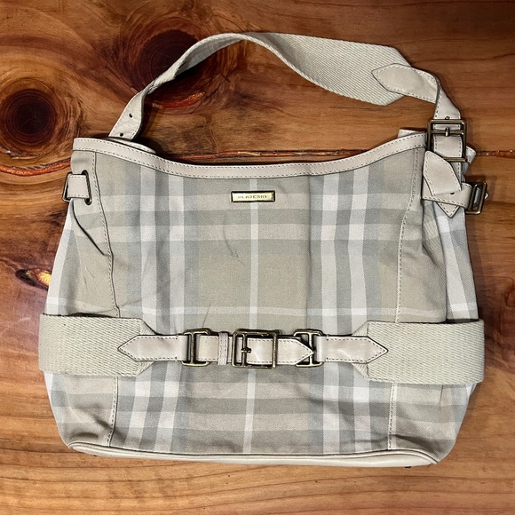 Burberry Womens Plaid Leather Top Shoulder Handbag Canvas Buckle Purse Cream - Picture 1 of 16